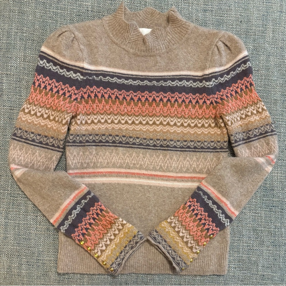 Anthropologie Taupe Fair Isle Mock-Neck Sweater with Pink and Brown Accents XS - Picture 2 of 6